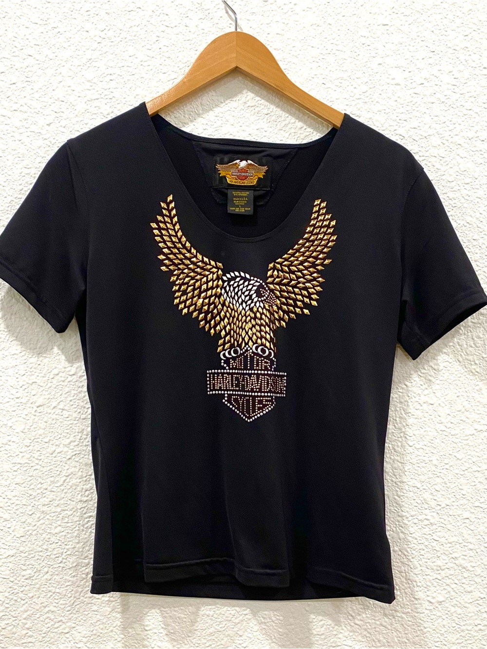 Harley-Davidson Shirt Women’s Large Black Tee with Gold Eagle Stud Stretch
